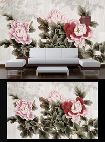 复古牡丹电视背景墙