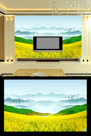 油菜花山水电视背景墙