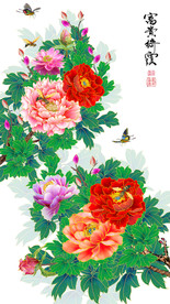 原创玄关高清手绘牡丹装饰画壁画