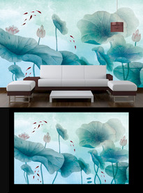 水彩荷花电视背景墙
