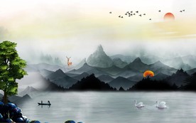 写意山水背景墙中国风山水壁画