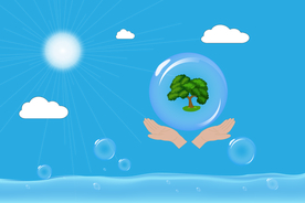 矢量图水阳光双手捧泡泡中的绿树