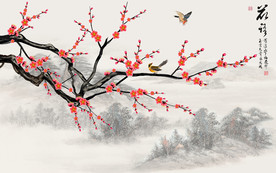 原创手绘梅花花鸟装饰画背景墙