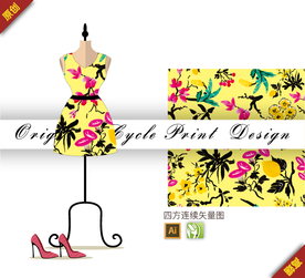 传统中国风花烟草桃花四方连续