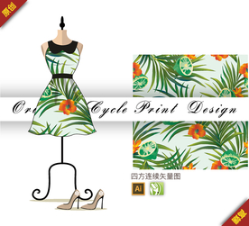 夏季棕蒲树叶柠檬四方连续