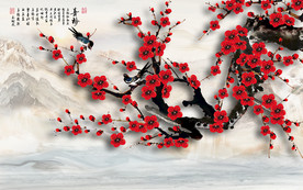 原创手绘梅花喜鹊装饰画背景墙