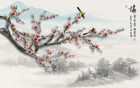 原创手绘梅花喜鹊山水装饰画