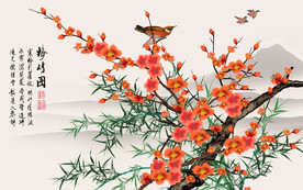 原创手绘梅花竹子装饰画背景墙