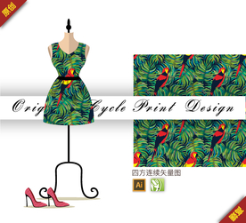 矢量树叶鹦鹉四方连续