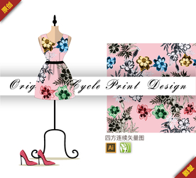 矢量水仙玫瑰四方连续