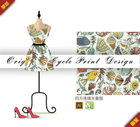 卡通海底生物海鲜四方连续