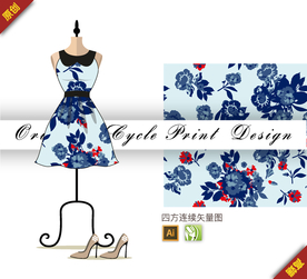 矢量蓝色牡丹四方连续