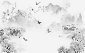 花鸟新灰色山水画 tif分层