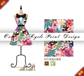 传统月季紫薇花四方连续