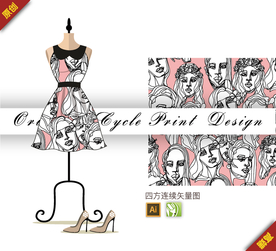 线描女人头像四方连续