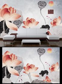 水墨荷花电视背景墙