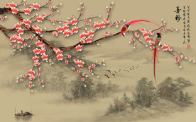 原创高清手绘梅花喜鹊背景墙