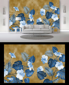 蓝色花朵背景墙