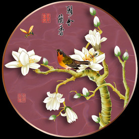 原创高清手绘玉兰花鸟装饰画
