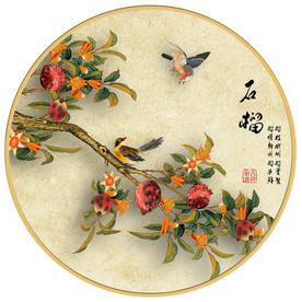 原创手绘石榴花鸟装饰画壁画