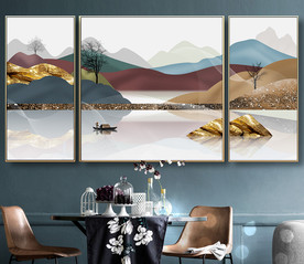 现代轻奢手绘山水三联装饰画