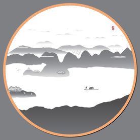 高山湖泊白鹤新中式水墨装饰矢量