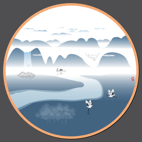 高山流水飞鹤新中式水墨装饰矢量