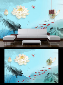 水墨荷花电视背景墙