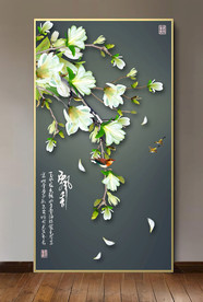 原创玄关玉兰花鸟装饰画壁画