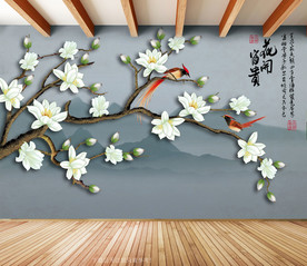 原创手绘玉兰喜鹊山水画背景墙