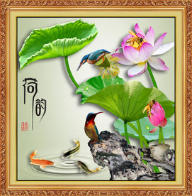原创高清荷花翠鸟鲤鱼装饰画