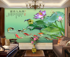 原创高清荷花鲤鱼装饰画背景墙