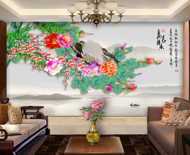 原创手绘牡丹梅花花鸟背景墙