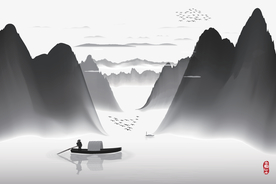 宽幅群山渔船新中式水墨装饰矢量