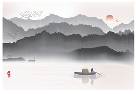 红日山水新中式水墨装饰分层背景