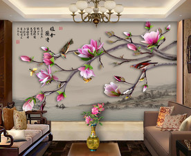 原创高清玉兰花鸟装饰画背景墙