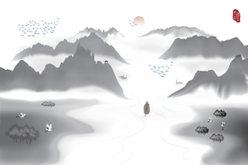 流水行舟新中式水墨装饰矢量分层