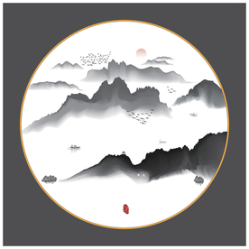 圆形小品高山河流新中式水墨装饰
