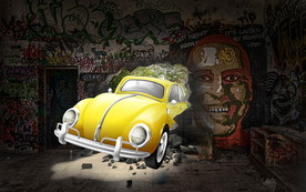 原创3D立体破墙黄色车餐厅酒吧