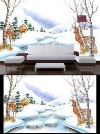 手绘麋鹿背景墙