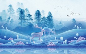唯美麋鹿山水电视背景墙