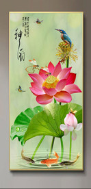 原创玄关荷花翠鸟鲤鱼装饰画