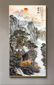 原创玄关水墨山水迎客松装饰画