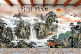 原创水墨山水流水生财装饰背景墙