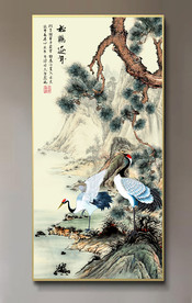 原创玄关手绘仙鹤松树装饰画