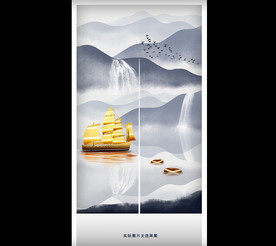 新中式金色帆船山水画门帘半帘
