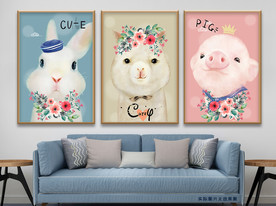 可爱卡通兽头花朵无框画