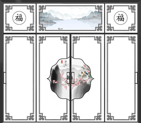 中古风花鸟系列庭院式大门六联画