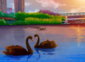手绘湖中黑天鹅素材美景