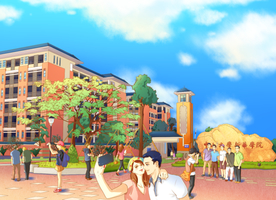 手绘中山大学 大学生合影美景